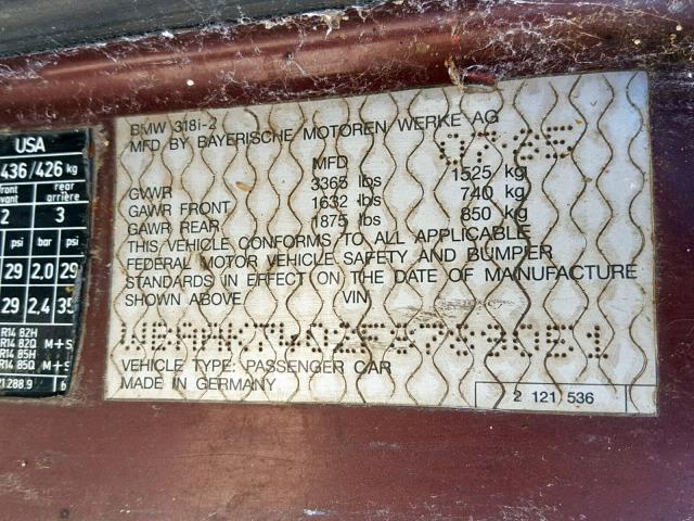 WBAAK7402F8789051 - 1985 BMW 318 I BURGUNDY photo 10