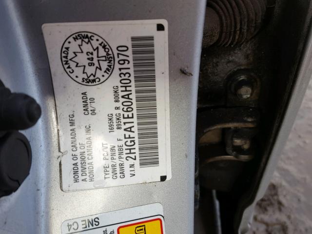 2HGFA1E60AH031970 - 2010 HONDA CIVIC SILVER photo 10