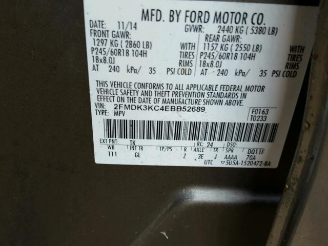 2FMDK3KC4EBB52689 - 2014 FORD EDGE LIMIT GRAY photo 10