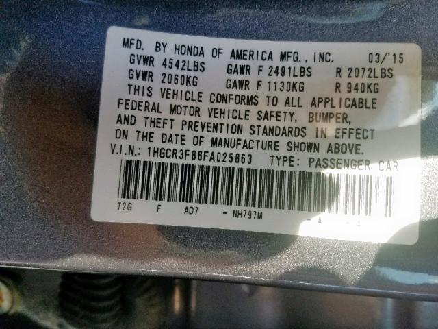 1HGCR3F86FA025863 - 2015 HONDA ACCORD EXL GRAY photo 10