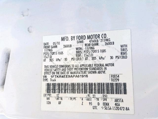 1FTKR4EE9APA61916 - 2010 FORD RANGER SUP WHITE photo 10