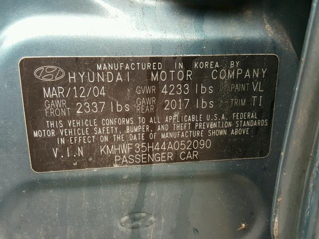 KMHWF35H44A052090 - 2004 HYUNDAI SONATA GLS TEAL photo 10