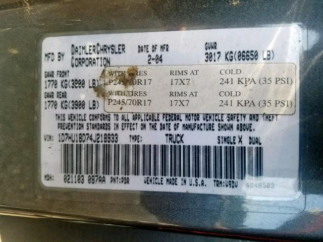 1D7HU18D74J218933 - 2004 DODGE RAM 1500 S GRAY photo 10