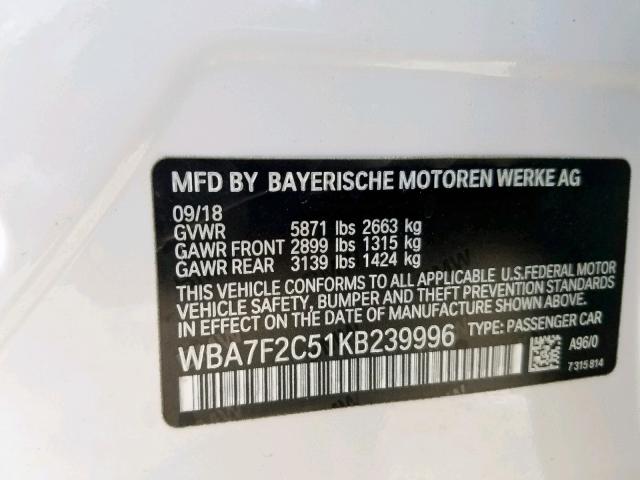 WBA7F2C51KB239996 - 2019 BMW ALPINA B7 WHITE photo 10