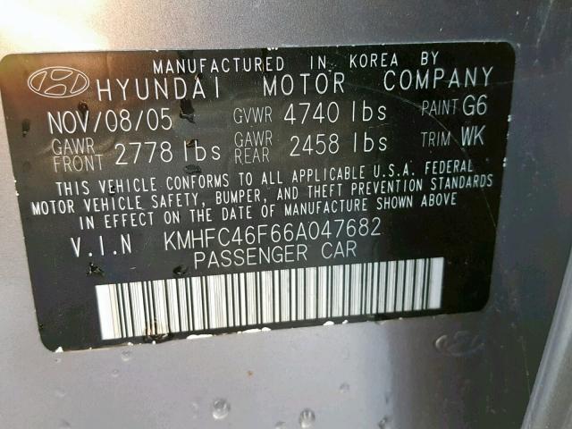 KMHFC46F66A047682 - 2006 HYUNDAI AZERA SE SILVER photo 10