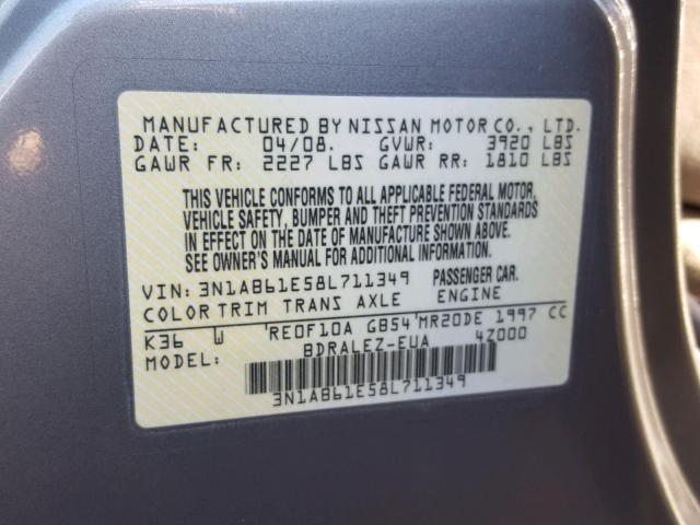 3N1AB61E58L711349 - 2008 NISSAN SENTRA 2.0 SILVER photo 10