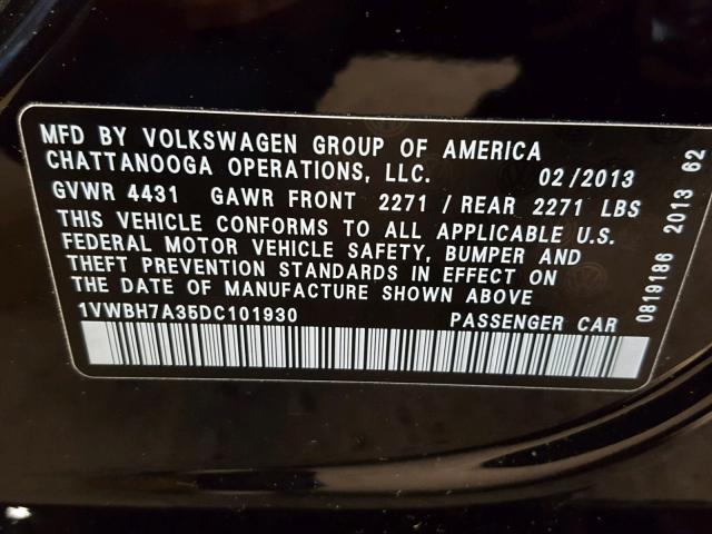 1VWBH7A35DC101930 - 2013 VOLKSWAGEN PASSAT SE BLACK photo 10