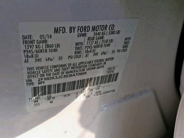 2FMDK3JC5EBA70908 - 2014 FORD EDGE SEL WHITE photo 10