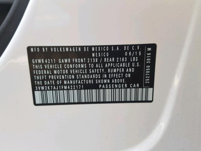 3VW2K7AJ1FM422171 - 2015 VOLKSWAGEN JETTA BASE Սպիտակ լուսանկար 10