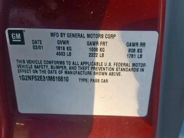 1G2NF52E31M616610 - 2001 PONTIAC GRAND AM S MAROON photo 10