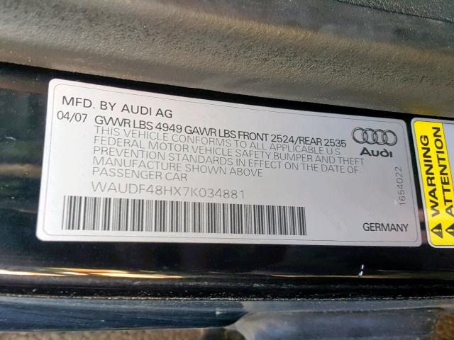 WAUDF48HX7K034881 - 2007 AUDI A4 2.0T CA BLACK photo 10