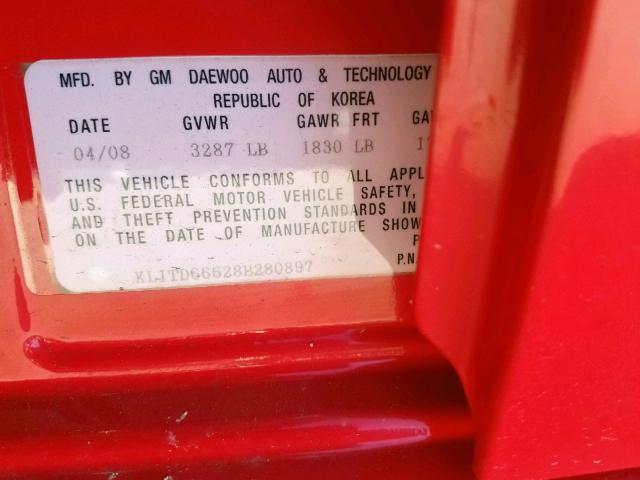 KL1TD66628B280897 - 2008 CHEVROLET AVEO BASE Qırmızı foto 10