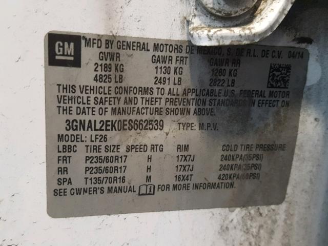 3GNAL2EK0ES662539 - 2014 CHEVROLET CAPTIVA LS 白色 照片 10