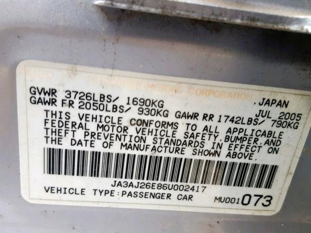 JA3AJ26E86U002417 - 2006 MITSUBISHI LANCER ES SILVER photo 10