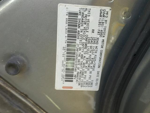 JTJHF10U910197548 - 2001 LEXUS RX 300 GRAY photo 10