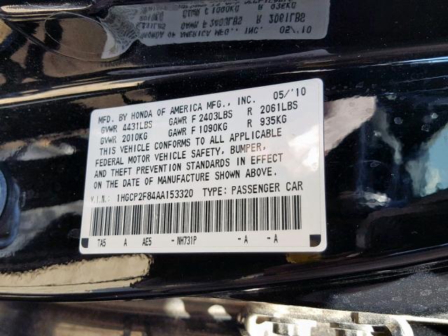 1HGCP2F84AA153320 - 2010 HONDA ACCORD EXL BLACK photo 10