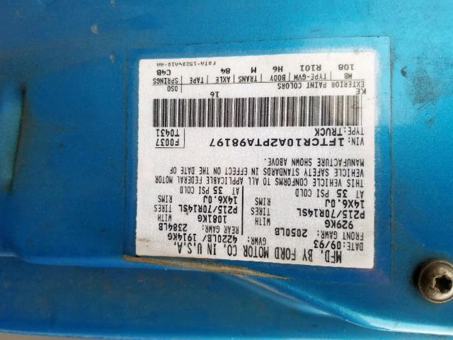 1FTCR10A2PTA98197 - 1993 FORD RANGER BLUE photo 10