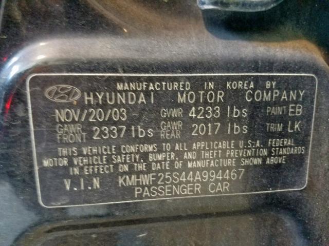 KMHWF25S44A994467 - 2004 HYUNDAI SONATA GL BLACK photo 10