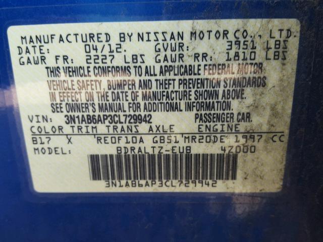 3N1AB6AP3CL729942 - 2012 NISSAN SENTRA 2.0 BLUE photo 10