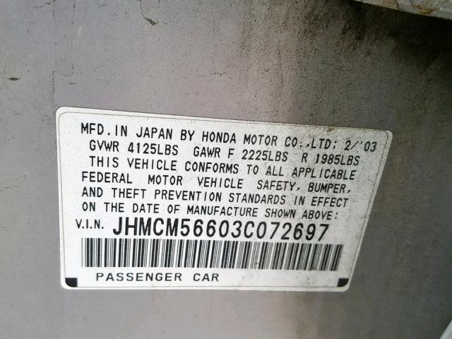 JHMCM56603C072697 - 2003 HONDA ACCORD EX SILVER photo 10