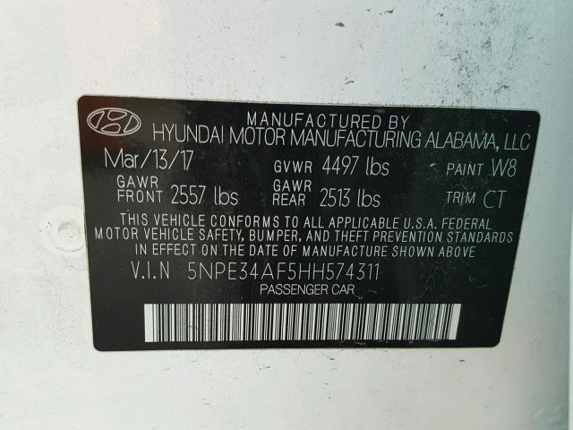 5NPE34AF5HH574311 - 2017 HYUNDAI SONATA SPO WHITE photo 10