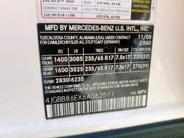 4JGBB86EX6A062511 - 2006 MERCEDES-BENZ ML 350 WHITE photo 10