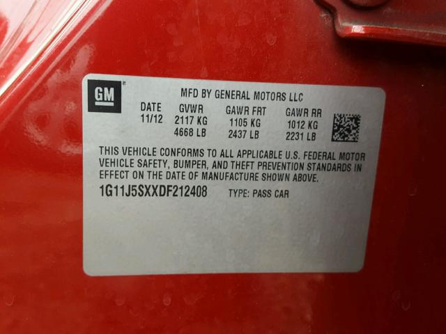 1G11J5SXXDF212408 - 2013 CHEVROLET MALIBU LTZ წითელი ფოტო 10