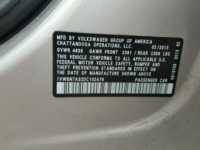 1VWBN7A32DC102476 - 2013 VOLKSWAGEN PASSAT SE SILVER photo 10