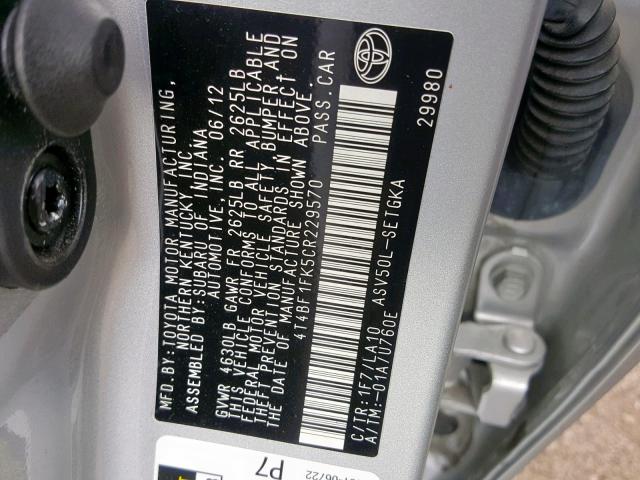 4T4BF1FK5CR229570 - 2012 TOYOTA CAMRY BASE SILVER photo 10