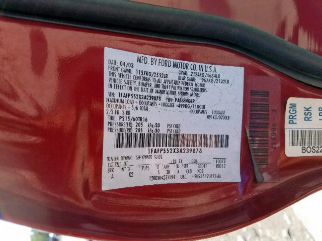 1FAFP552X3A239878 - 2003 FORD TAURUS SES RED photo 10