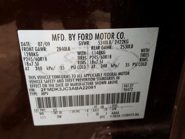 2FMDK3JC3ABA22091 - 2010 FORD EDGE SEL BROWN photo 10