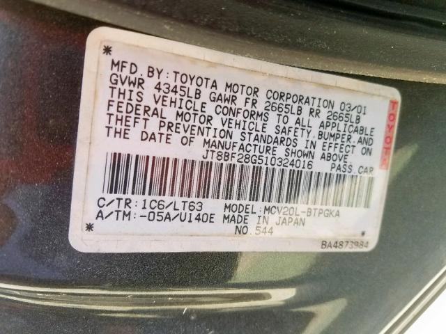 JT8BF28G510324016 - 2001 LEXUS ES 300 GRAY photo 10