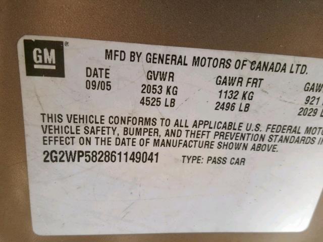 2G2WP582861149041 - 2006 PONTIAC GRAND PRIX TAN photo 10