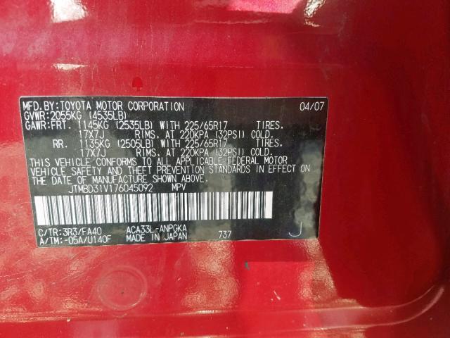 JTMBD31V176045092 - 2007 TOYOTA RAV4 LIMIT RED photo 10