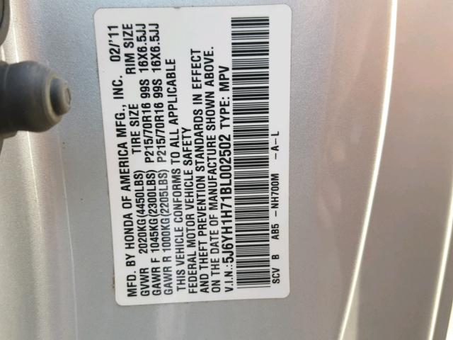 5J6YH1H71BL002502 - 2011 HONDA ELEMENT EX GRAY photo 10