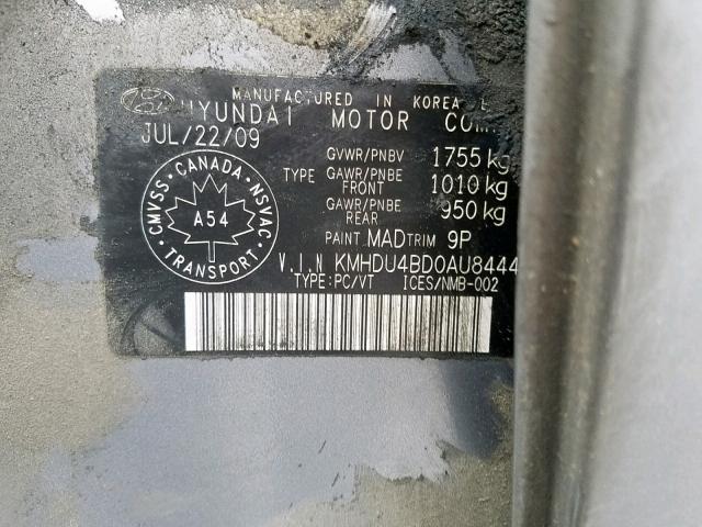 KMHDU4BD0AU844493 - 2010 HYUNDAI ELANTRA BL GRAY photo 10