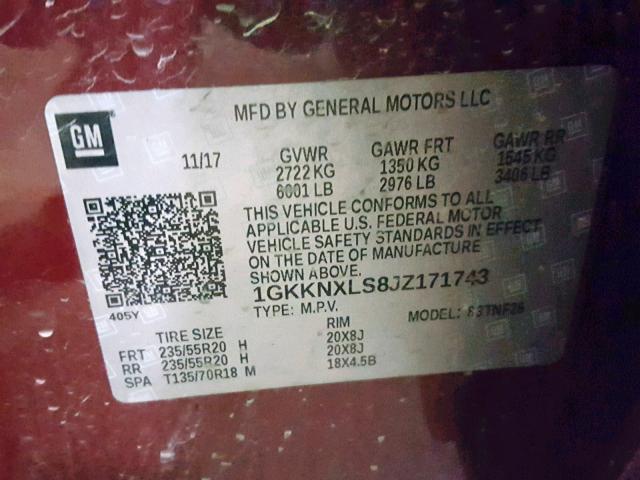 1GKKNXLS8JZ171743 - 2018 GMC ACADIA DEN RED photo 10