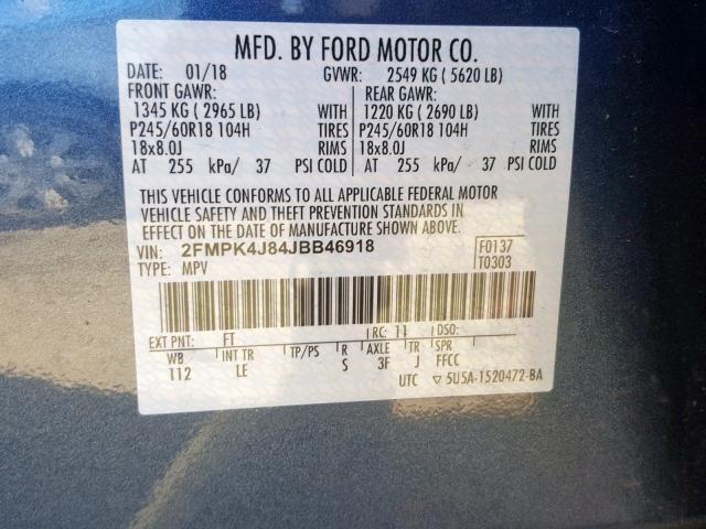 2FMPK4J84JBB46918 - 2018 FORD EDGE SEL BLUE photo 10