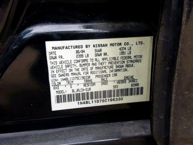 1N4BL11D75C196330 - 2005 NISSAN ALTIMA SE BLACK photo 10