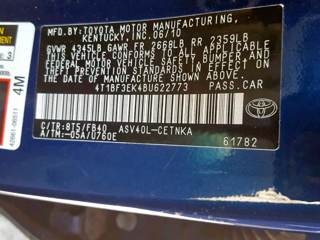 4T1BF3EK4BU622773 - 2011 TOYOTA CAMRY BASE BLUE photo 10