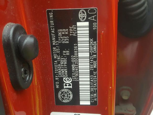 2T1KU4EE2DC088361 - 2013 TOYOTA COROLLA MA RED photo 10