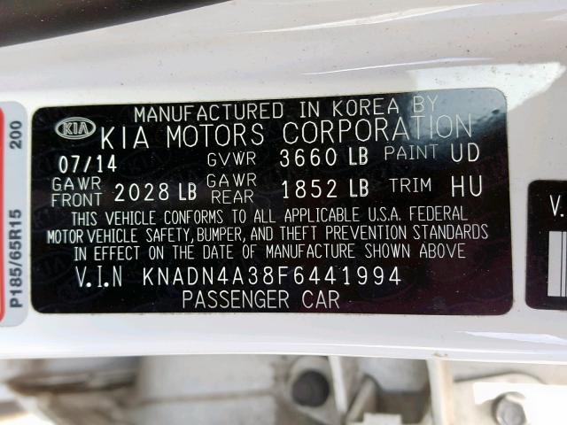 KNADN4A38F6441994 - 2015 KIA RIO EX WHITE photo 10