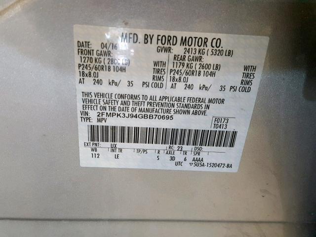 2FMPK3J94GBB70695 - 2016 FORD EDGE SEL SILVER photo 10