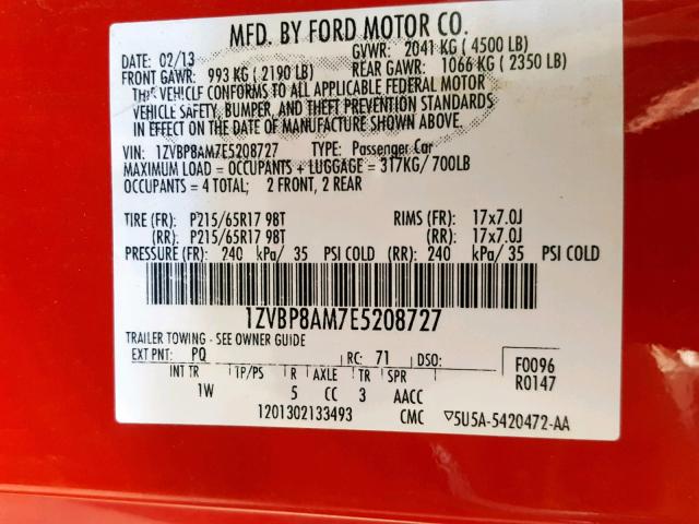 1ZVBP8AM7E5208727 - 2014 FORD MUSTANG RED photo 10