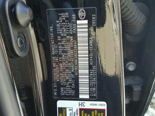 4T1BE46K28U226647 - 2008 TOYOTA CAMRY CE BLACK photo 10