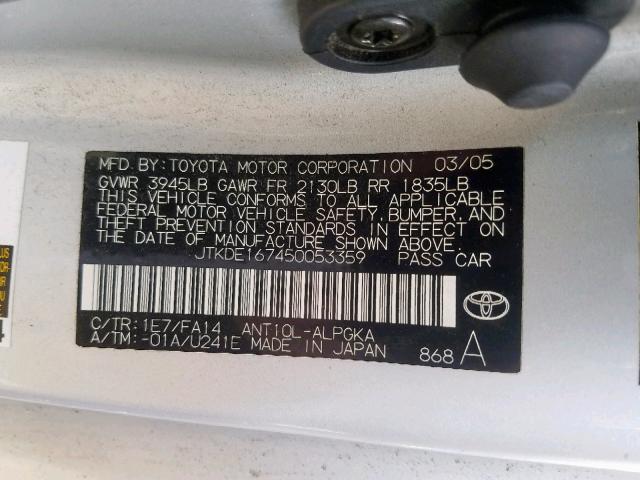 JTKDE167450053359 - 2005 TOYOTA SCION TC ვერცხლისფერი ფოტო 10
