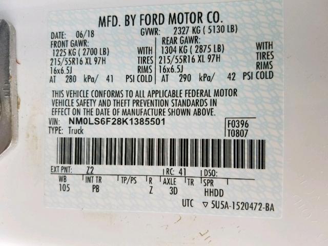 NM0LS6F28K1385501 - 2019 FORD TRANSIT CO WHITE photo 10