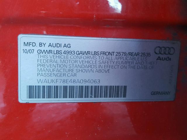 WAUKF78E48A094063 - 2008 AUDI A4 2.0T AV RED photo 10