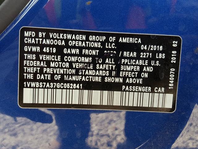 1VWBS7A37GC052641 - 2016 VOLKSWAGEN PASSAT SE BLUE photo 10