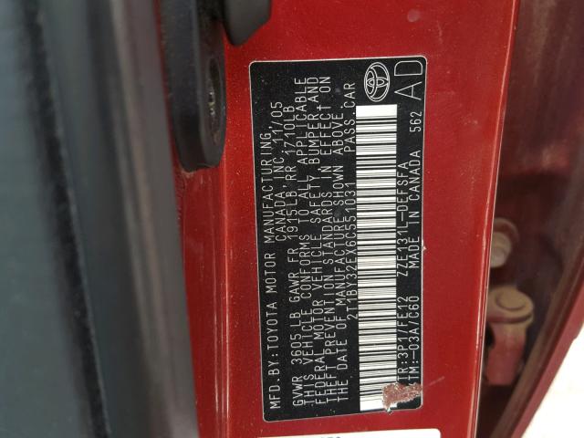 2T1BY32EX6C551031 - 2006 TOYOTA COROLLA XR 红色 照片 10